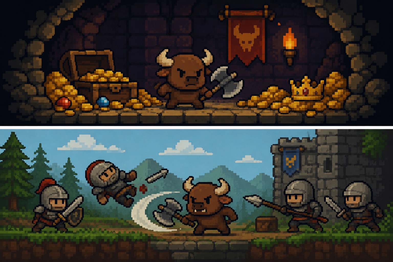 Minitaur facing a squad of knights outside a castle